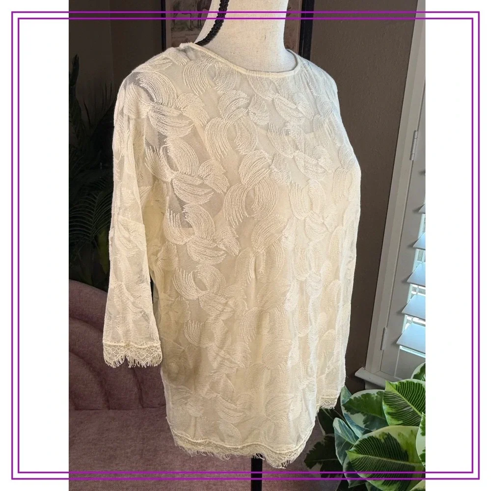 NWT Halston Heritage Lace Top Cream 3/4 Sleeve Floral Sheer Elegant Blouse - Picture 2 of 10
